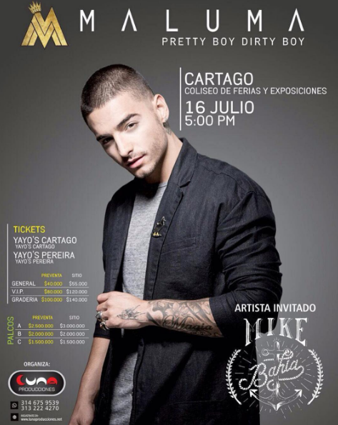 Concierto de Maluma en Cartago, Costa Rica, Sábado, 16 de julio de 2016