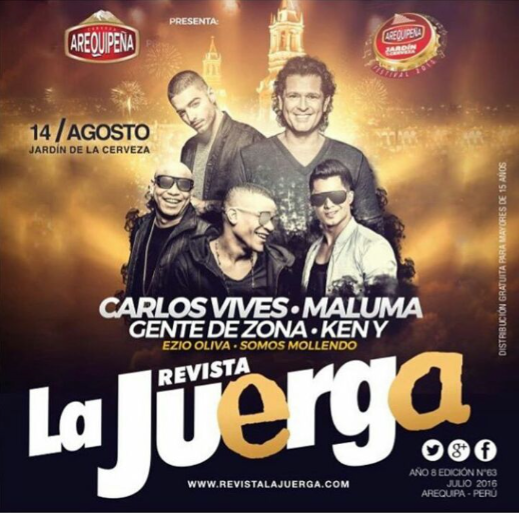 Concierto de Carlos Vives en Arequipa, Perú, Domingo, 14 de agosto de 2016