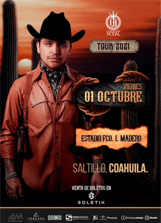 Concierto de Christian Nodal, AyAyAy! Tour, en Saltillo, Coahuila de Zaragoza, México, Viernes, 01 de octubre de 2021