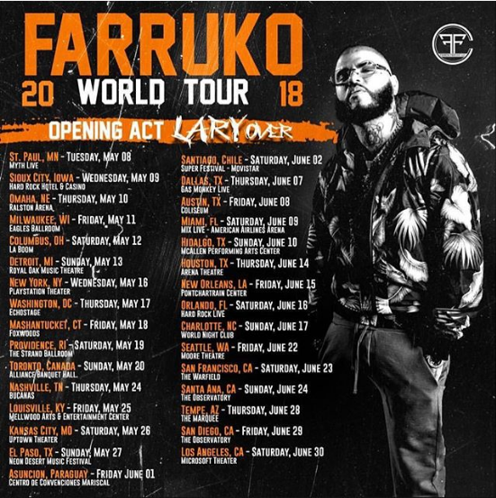 Concierto de Farruko, WORLD TOUR 2018, en Realston, Nebraska, Estados Unidos, Jueves, 10 de mayo de 2018