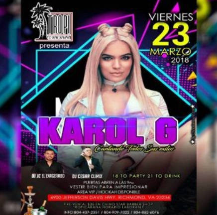 Concierto de Karol G en Richmond, Virginia, Estados Unidos, Viernes, 23 de marzo de 2018