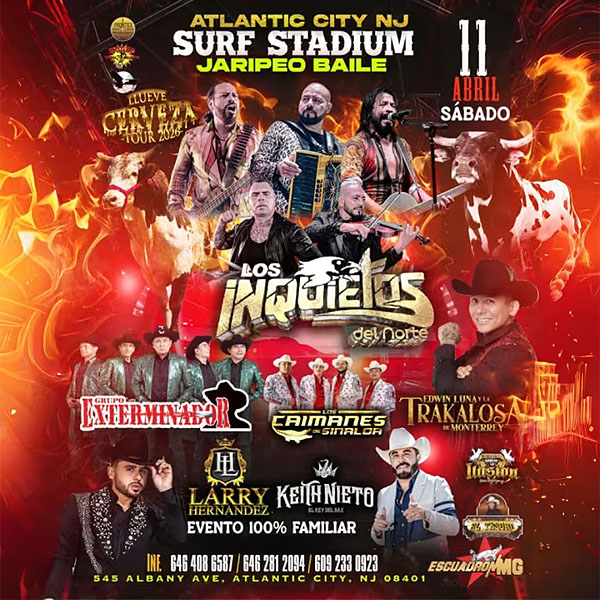 Concierto de Los Inquietos Del Norte, Llueve Cerveza Tour 2026, en Atlantic City, Nueva Jersey, Estados Unidos, Sábado, 11 de abril de 2026