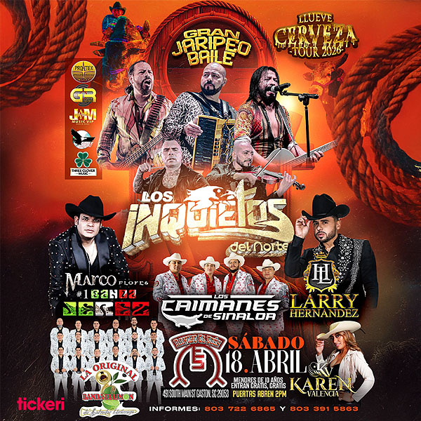 Concierto de Los Inquietos Del Norte, Llueve Cerveza Tour 2026, en Gaston, Carolina del Sur, Estados Unidos, Sábado, 18 de abril de 2026