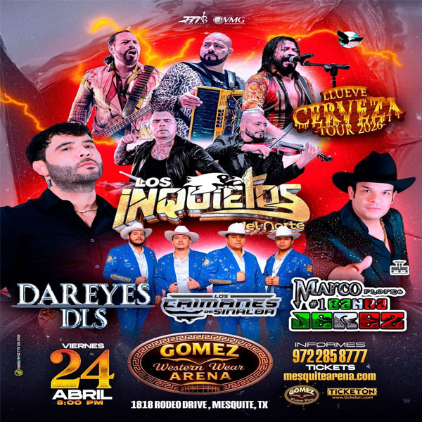 Concierto de Los Inquietos Del Norte, Llueve Cerveza Tour 2026, en Mesquite, Texas, Estados Unidos, Viernes, 24 de abril de 2026
