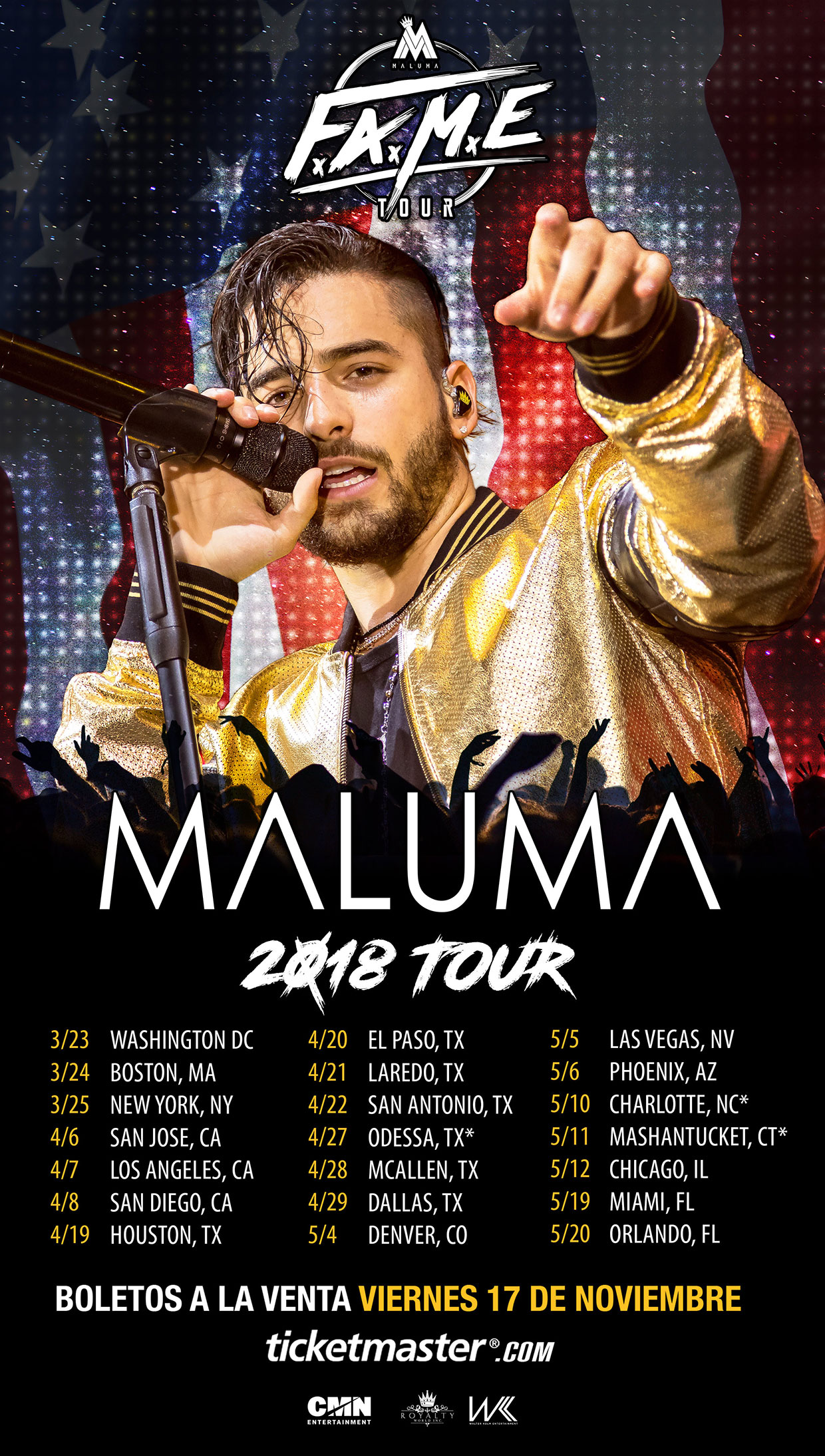 Concierto de Maluma, F.A.M.E USA Tour, en Hidalgo, Texas, Estados Unidos, Sábado, 28 de abril de 2018