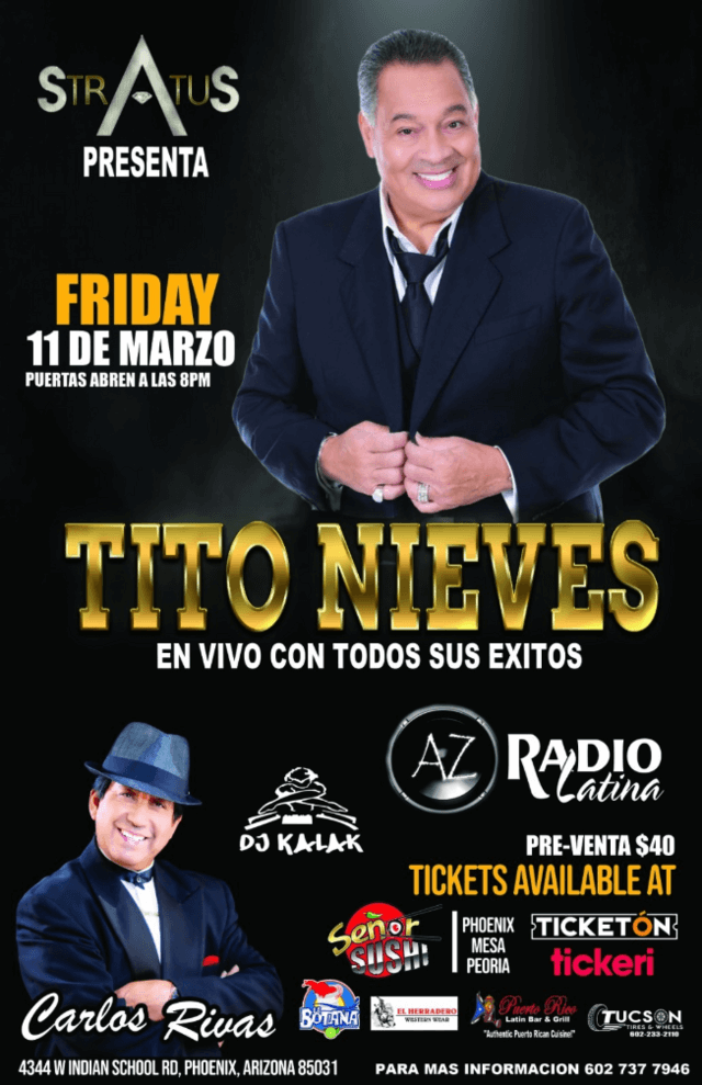 Concierto de Tito Nieves en Phoenix, Arizona, Estados Unidos, Viernes, 11 de marzo de 2022