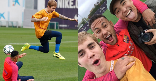 Justin Bieber practica con el FC Barcelona