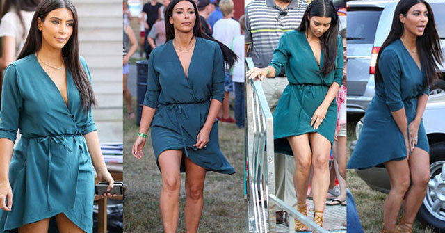 Kim Kardashian casi sufre un percance con su vestido turquesa
